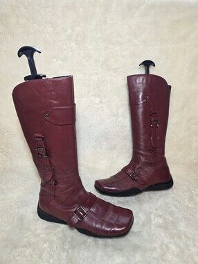Roberto Vianni Burgundy Leather Square Toe Buckle Knee High Boots Size 10B